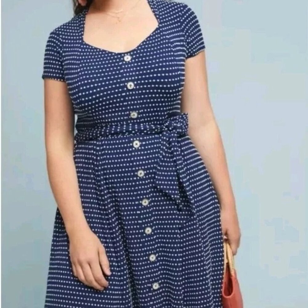 Anthropologie Maeve Navy and White Polka Dot Dress